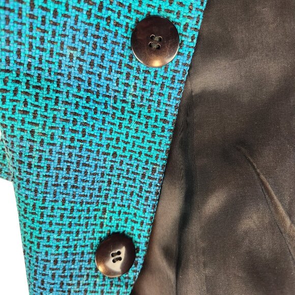 Ann May VTG Silk Blazer Teal Green Sz 14 '80s Shoulder Pads Faux Pockets - Picture 5 of 12